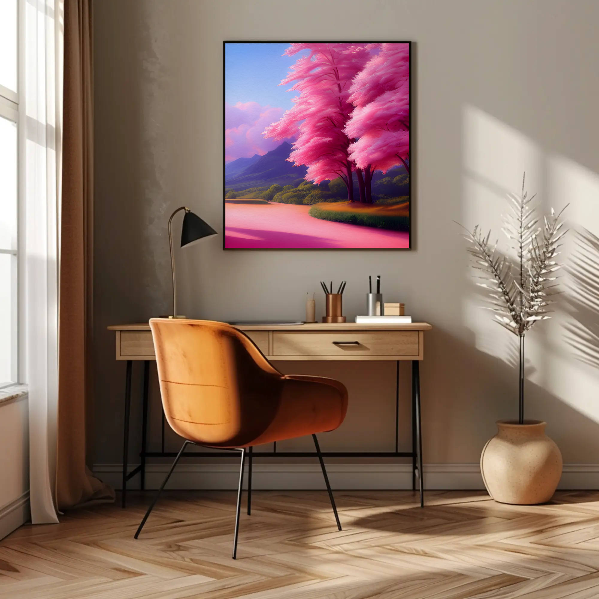 Fine Art Print mit rosa Bäumen und traumhafter Landschaft in Pastelltönen