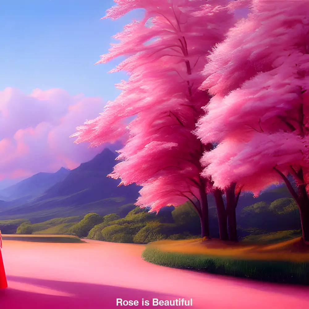 Eine Figur wandert durch rosa blühende Bäume unter pastellfarbenem Himmel – friedliche, digitale Fantasielandschaft