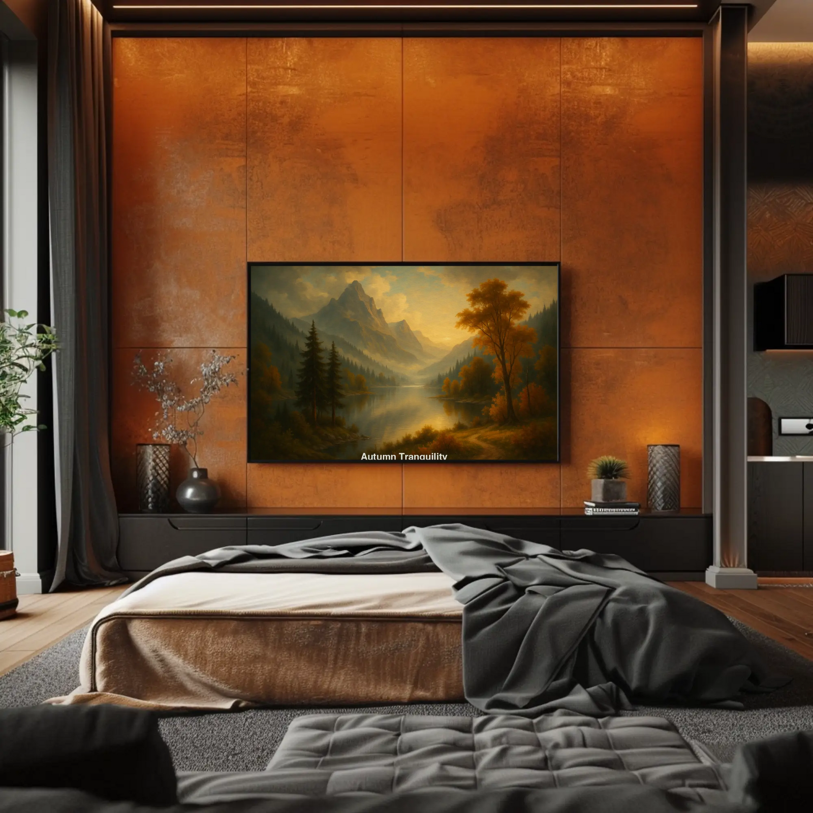 Fine Art Print mit herbstlicher Berglandschaft über Bett in modernem Schlafzimmer