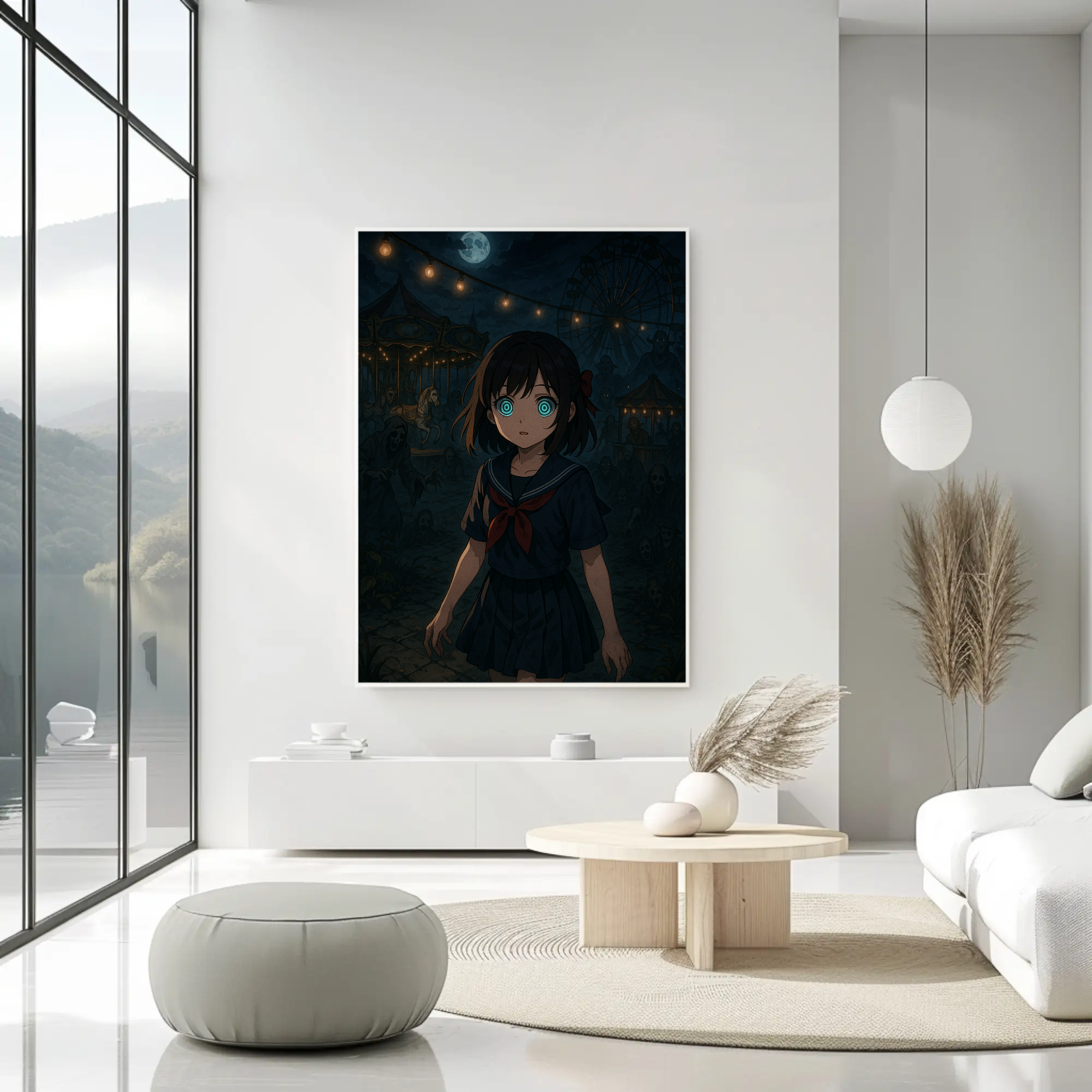 Dunkles Kunstmotiv mit ruhiger Figur und feinen Lichtpunkten in der Umgebung