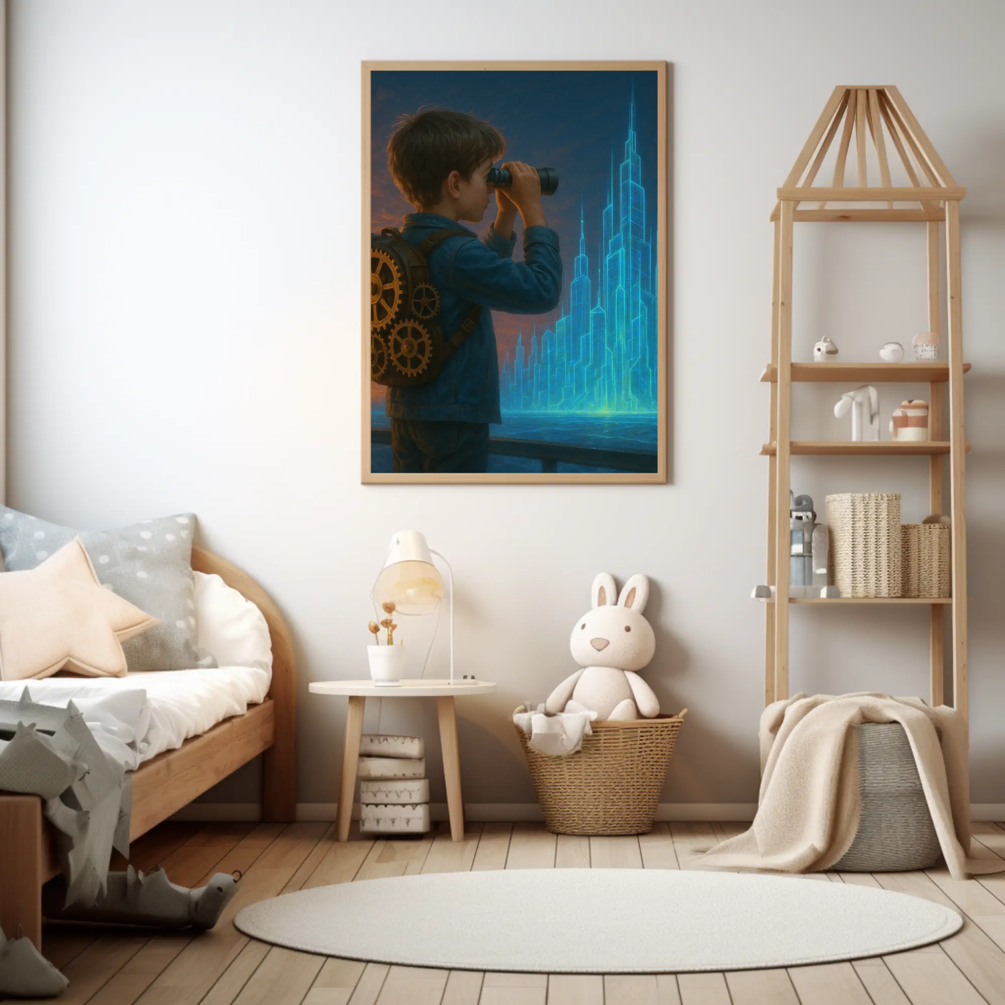 Modernes Wandbild mit ruhiger Figur und leuchtendem Hintergrund in kühler Atmosphäre