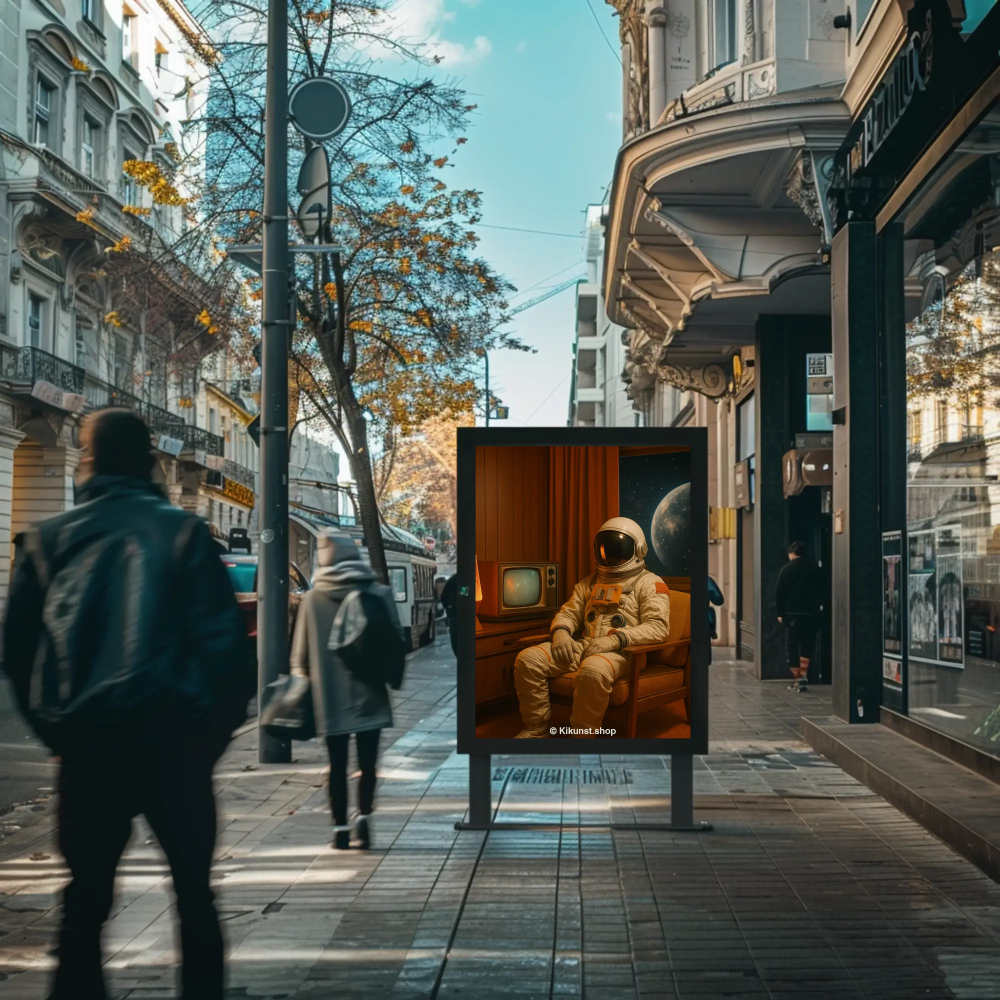 Astronautenmotiv als Fine Art Print auf Plakat in moderner Stadtumgebung