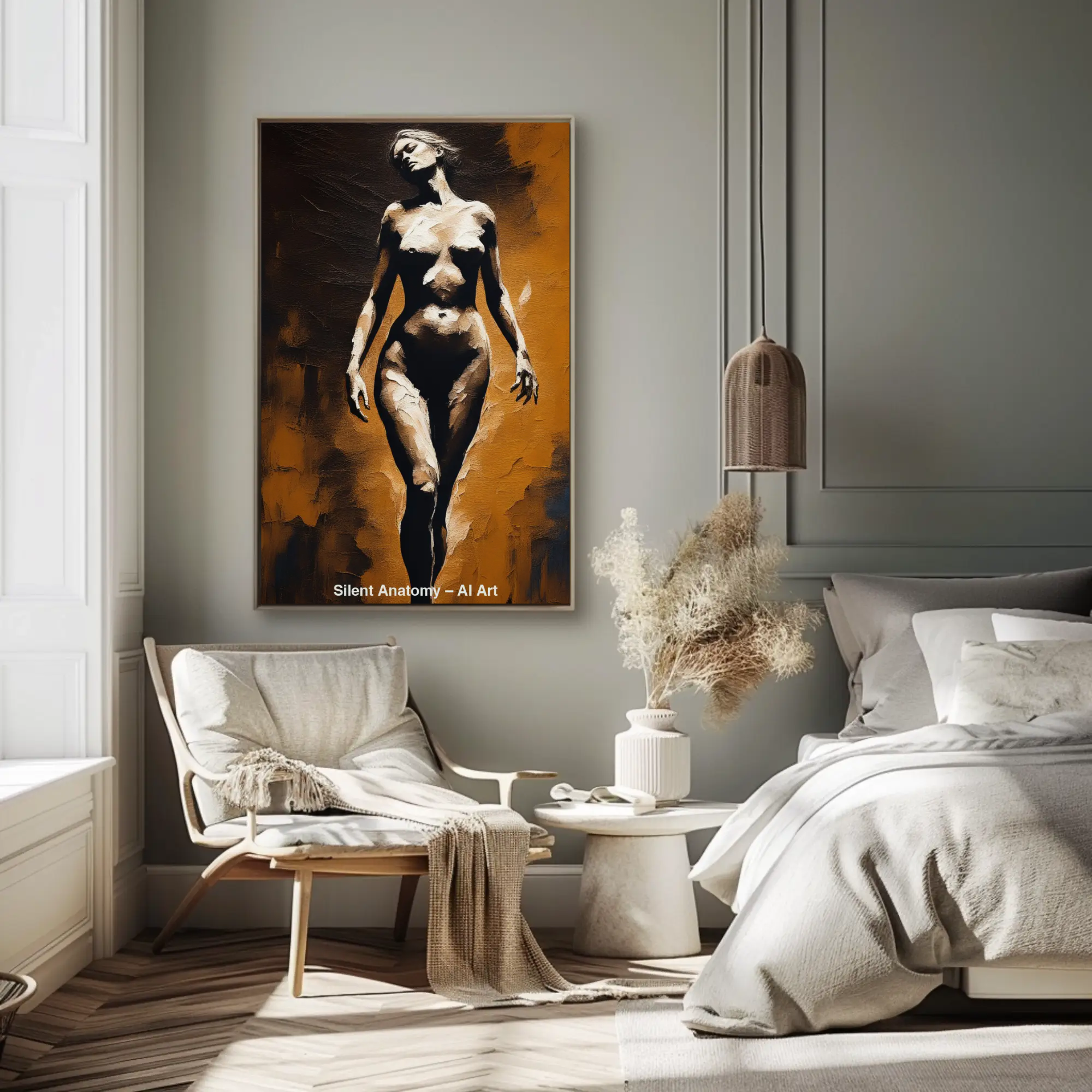 Leinwandbild mit stilisierter Figur und starken Kontrasten in modernem Wohnraum