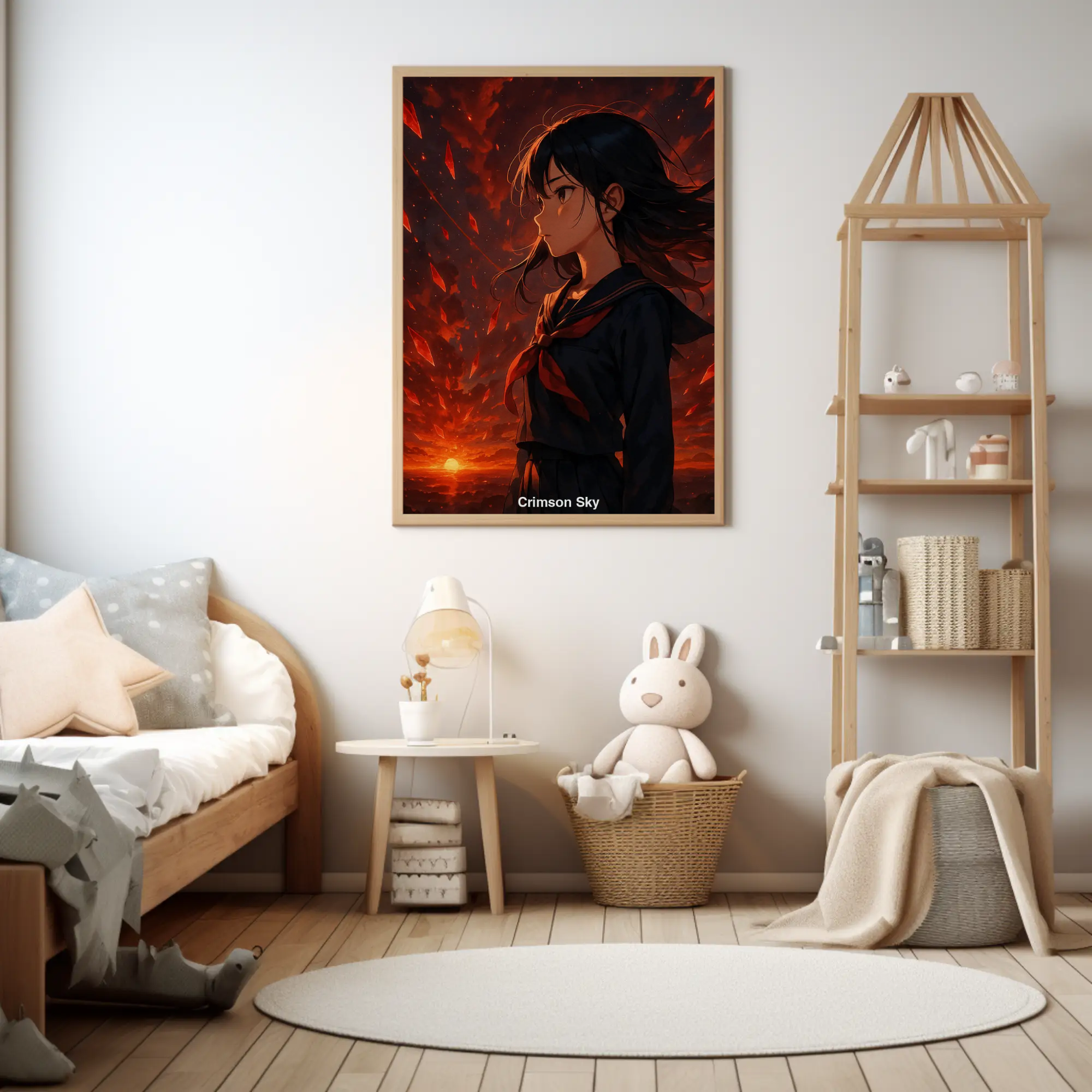 Porträt mit rotem Himmel als Fine Art Print neben Bett in hellem Schlafzimmer