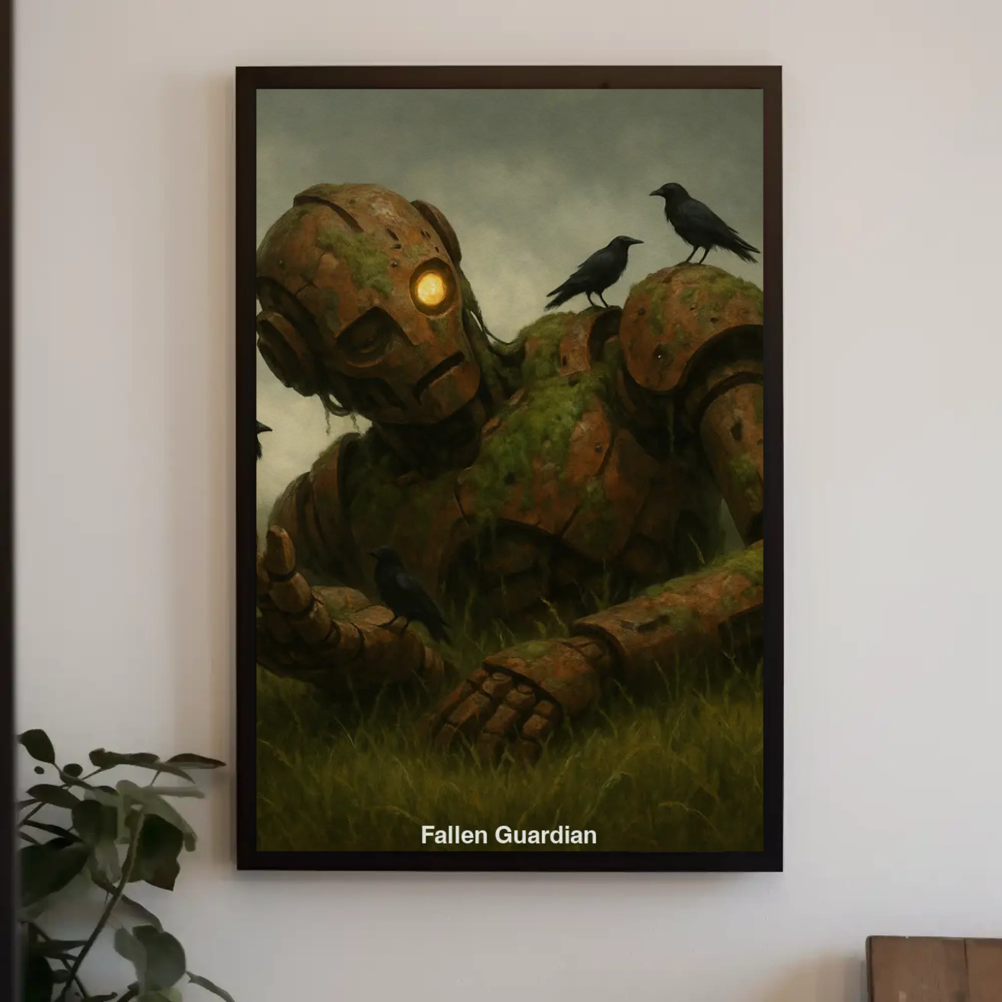 Dunkles, ruhiges Kunstwerk mit Figur in minimalistischer Einrichtung