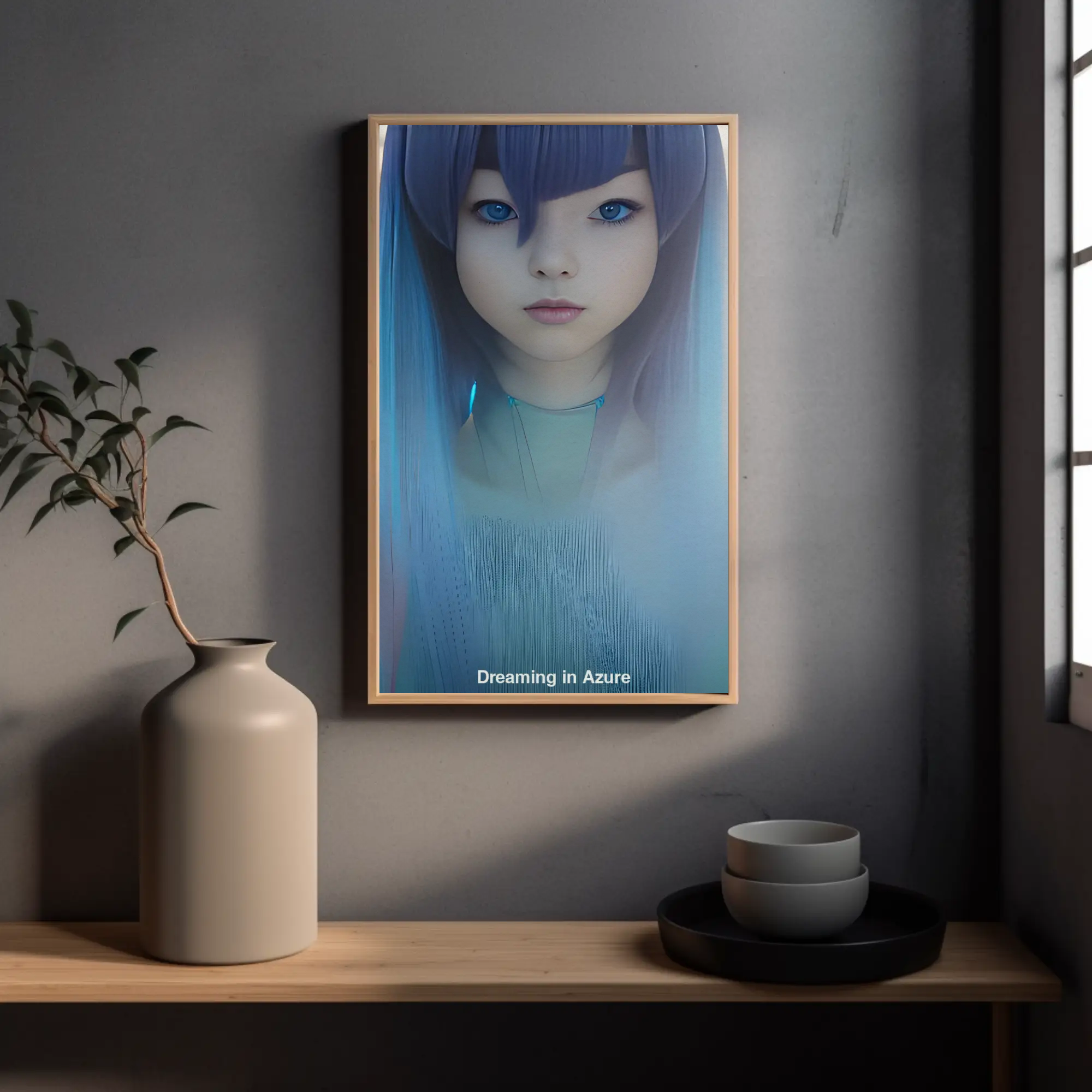 Porträt in Blautönen als Fine Art Print in minimalistischer Umgebung