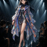 Runway Radiance – AI Art, Anime-Figur auf dem Laufsteg mit irisierendem Mantel und elegantem schwarzen Kleid.