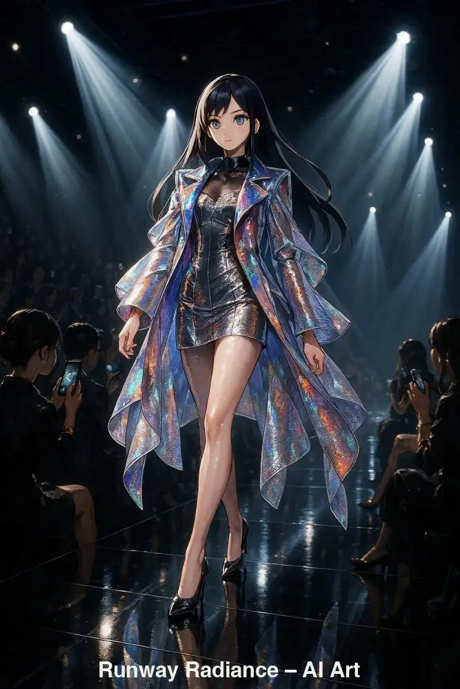 Runway Radiance – AI Art, Anime-Figur auf dem Laufsteg mit irisierendem Mantel und elegantem schwarzen Kleid.