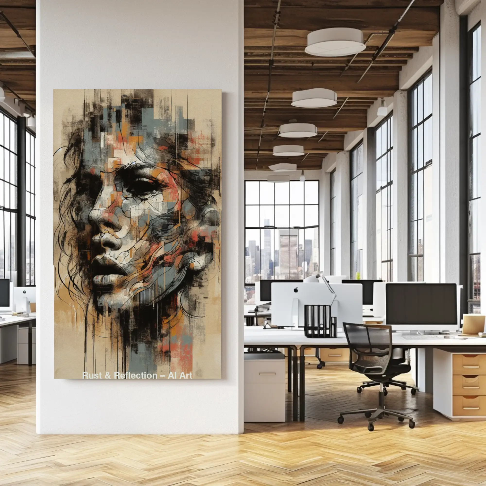 Mockup von Rust & Reflection – AI Art, urban fragmentiertes Gesicht mit Rostfarben und Texturen.