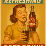 Frau trinkt mit geschlossenen Augen einen Softdrink durch einen Strohhalm – Retro-Werbung mit Nostalgie-Charme.