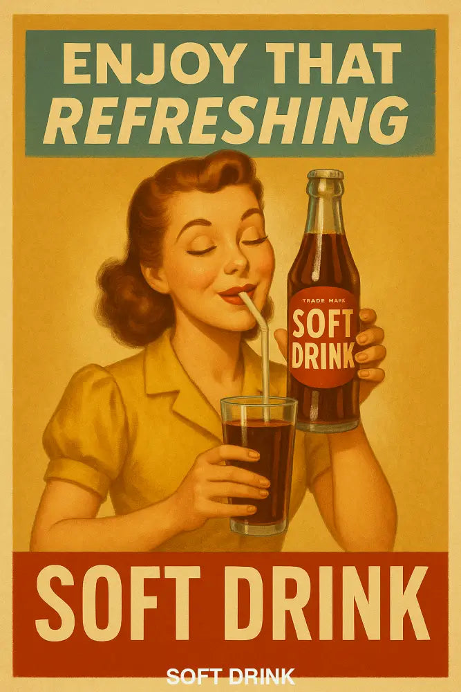 Frau trinkt mit geschlossenen Augen einen Softdrink durch einen Strohhalm – Retro-Werbung mit Nostalgie-Charme.