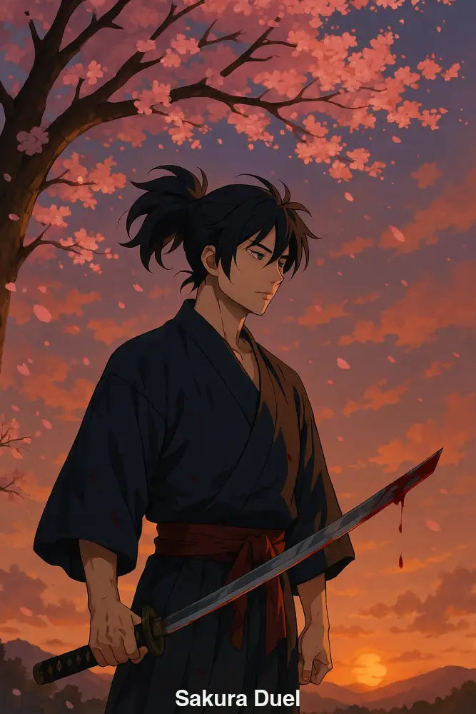 Samurai mit Katana unter Kirschbaum bei Sonnenuntergang, Anime-Stil