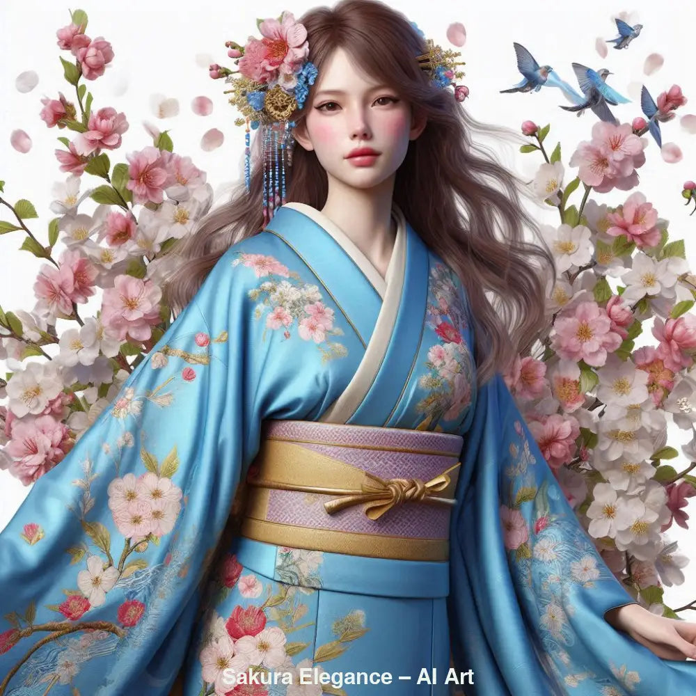 Digital Art Frau in blauem Kimono mit Kirschblüten, Vögeln und kunstvollem Haarschmuck