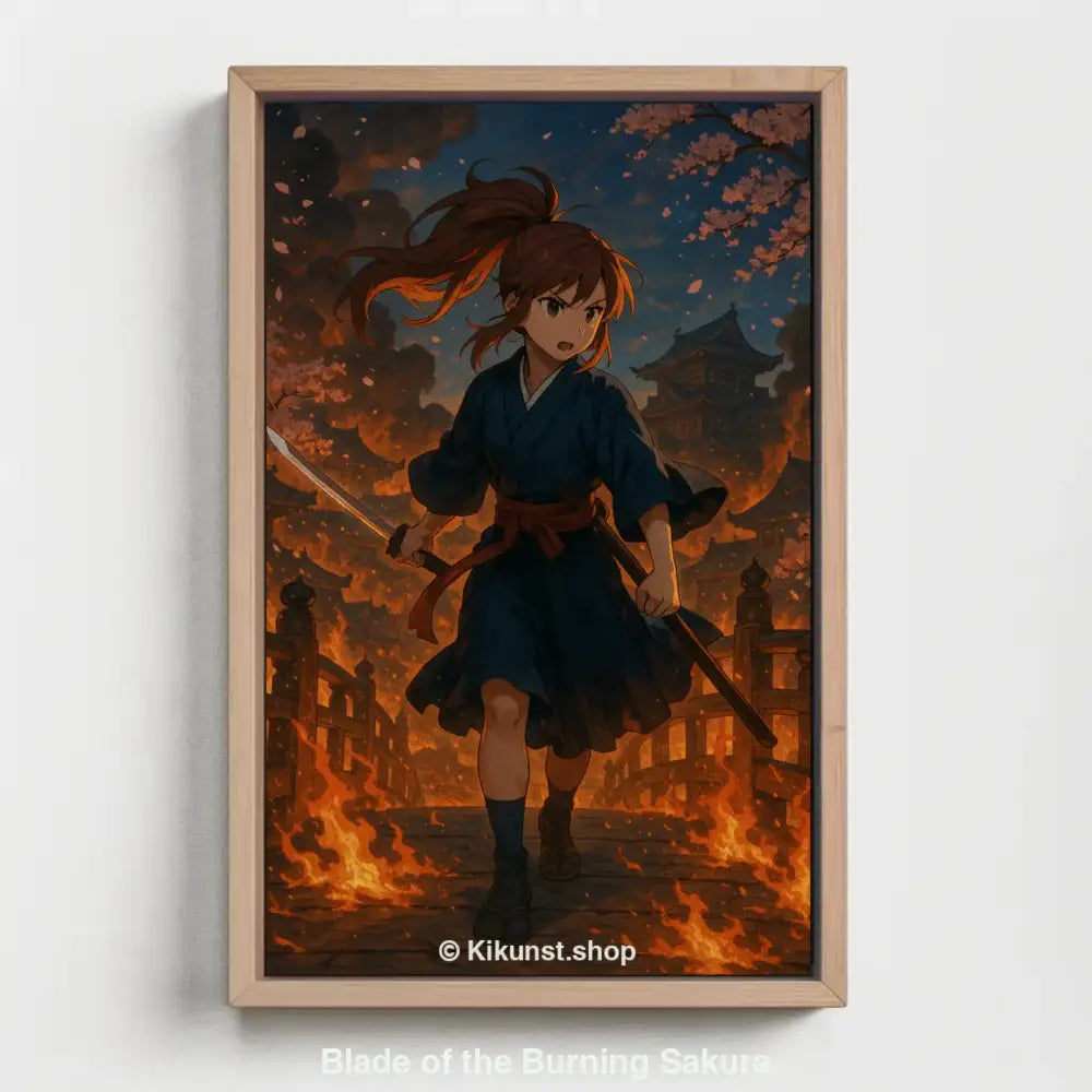 Fine Art Print mit Samurai im Feuerlicht. Modernes Wandbild im Rahmen