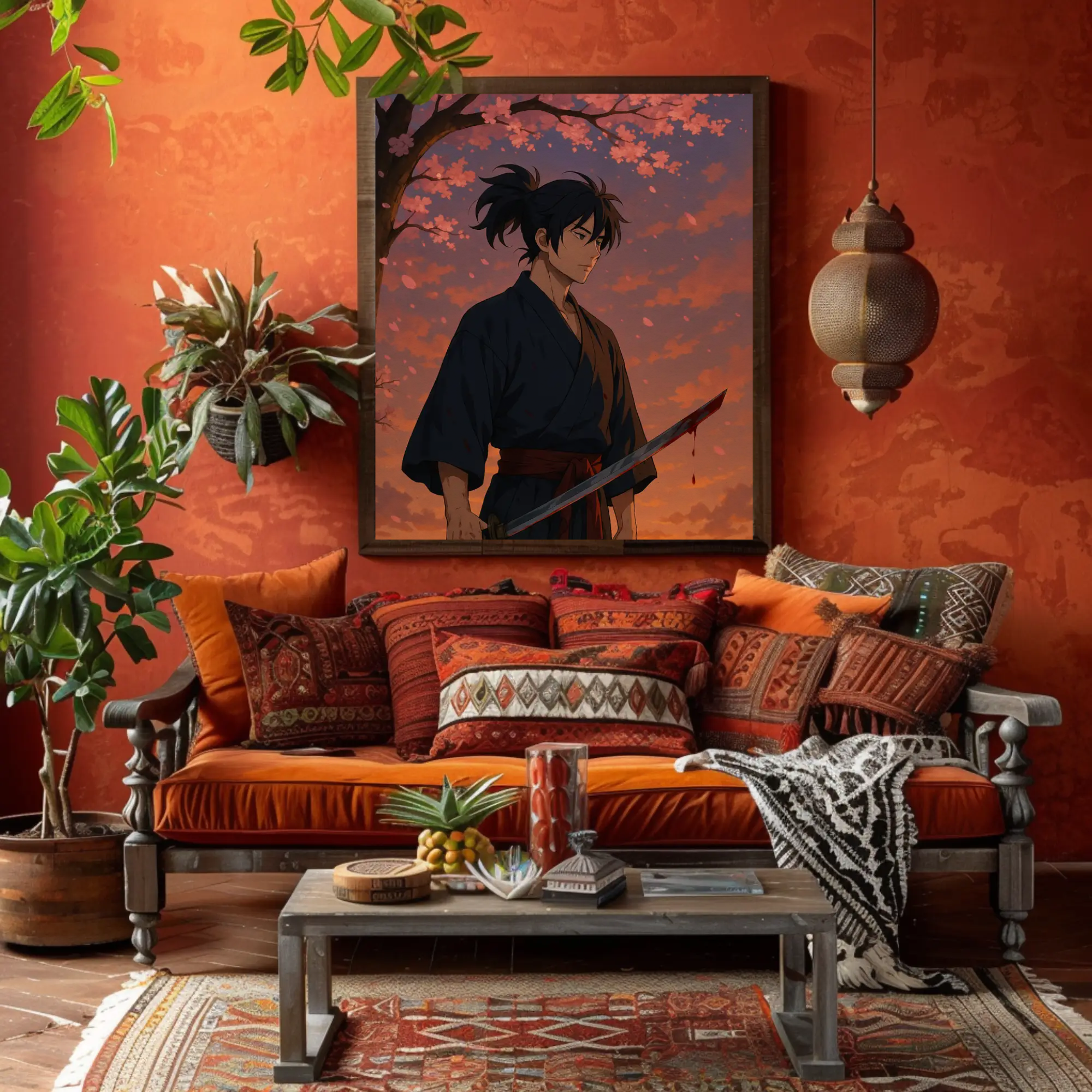 Japanisches Samurai Wandbild vor Sakura Kirschblüten im Abendlicht