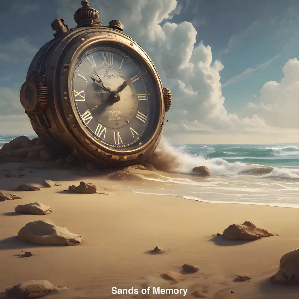 Eine antike Taschenuhr liegt halb im Sand an einem ruhigen Strand – Symbol für Zeit, Erinnerung und Vergänglichkeit