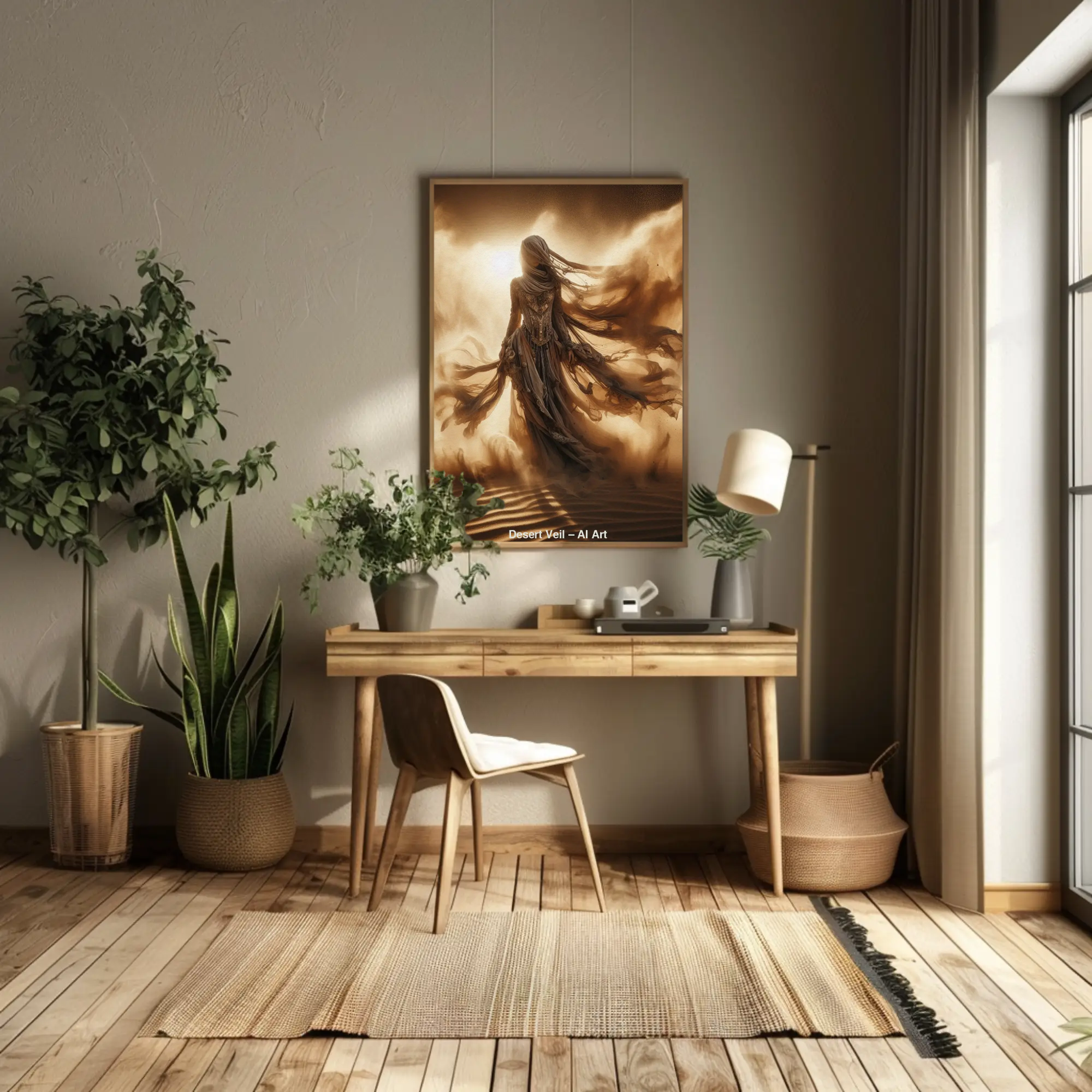 Abstraktes Wüstenmotiv mit fließender Form als Fine Art Print im Raum
