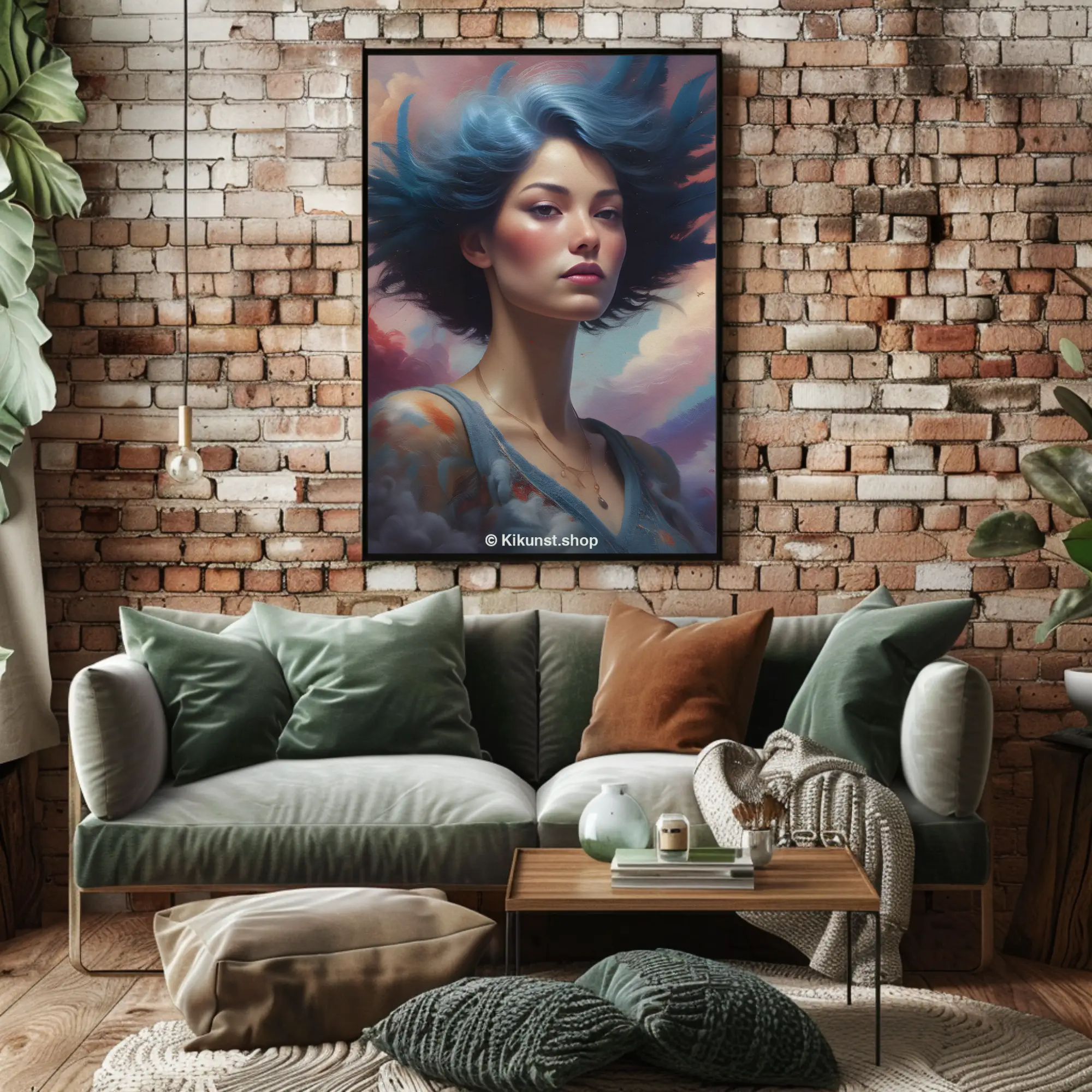 Fine Art Print mit weichem Porträt über Sofa in wohnlichem Raum mit warmen Farben