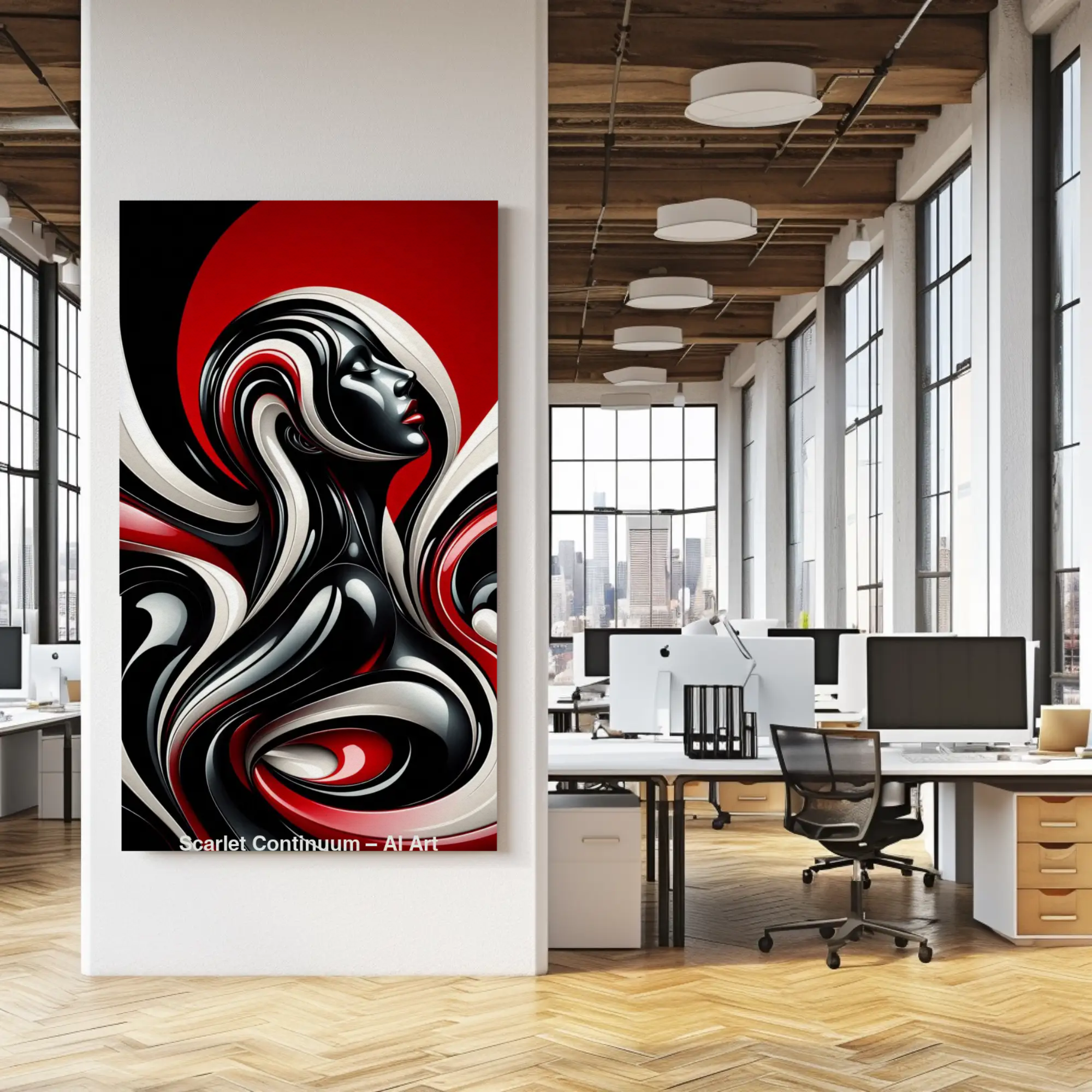 Scarlet Continuum Fine Art Print mit abstrakten Schwarz-Weiß-Formen und roten Akzenten über moderner Inneneinrichtung.