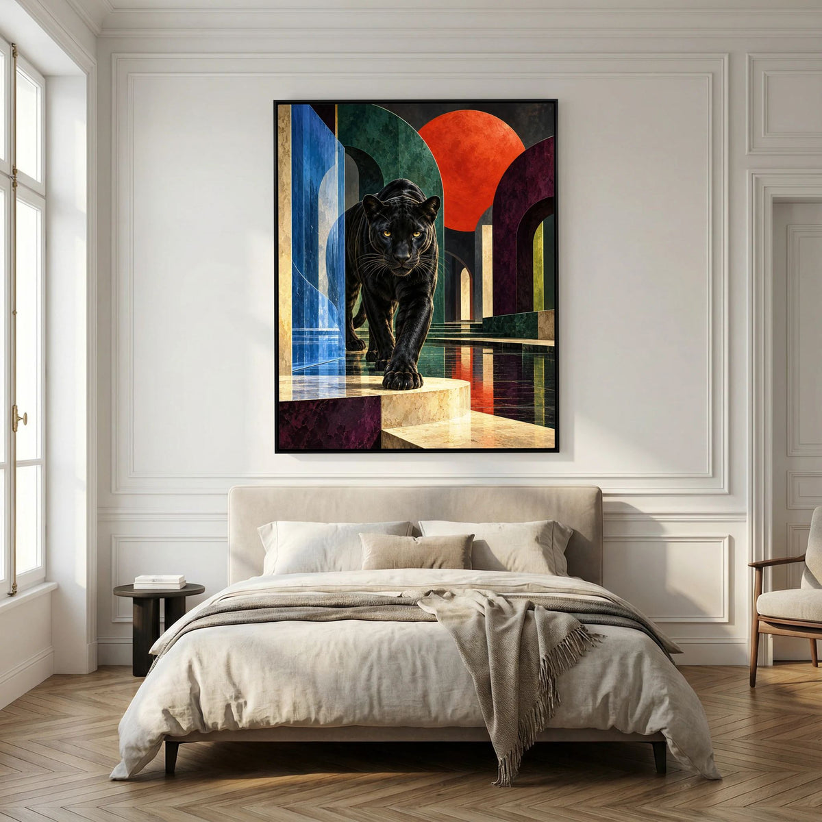 Gerahmtes Leinwandbild mit schwarzem Panther, roter Sonne und geometrischer Architektur