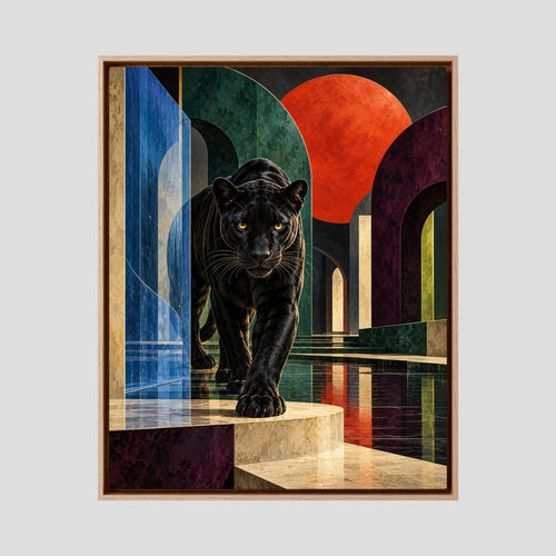 Schwarzer Panther vor roter Sonne und dunklen geometrischen Bögen als Leinwandbild im natürlichen Eichenrahmen