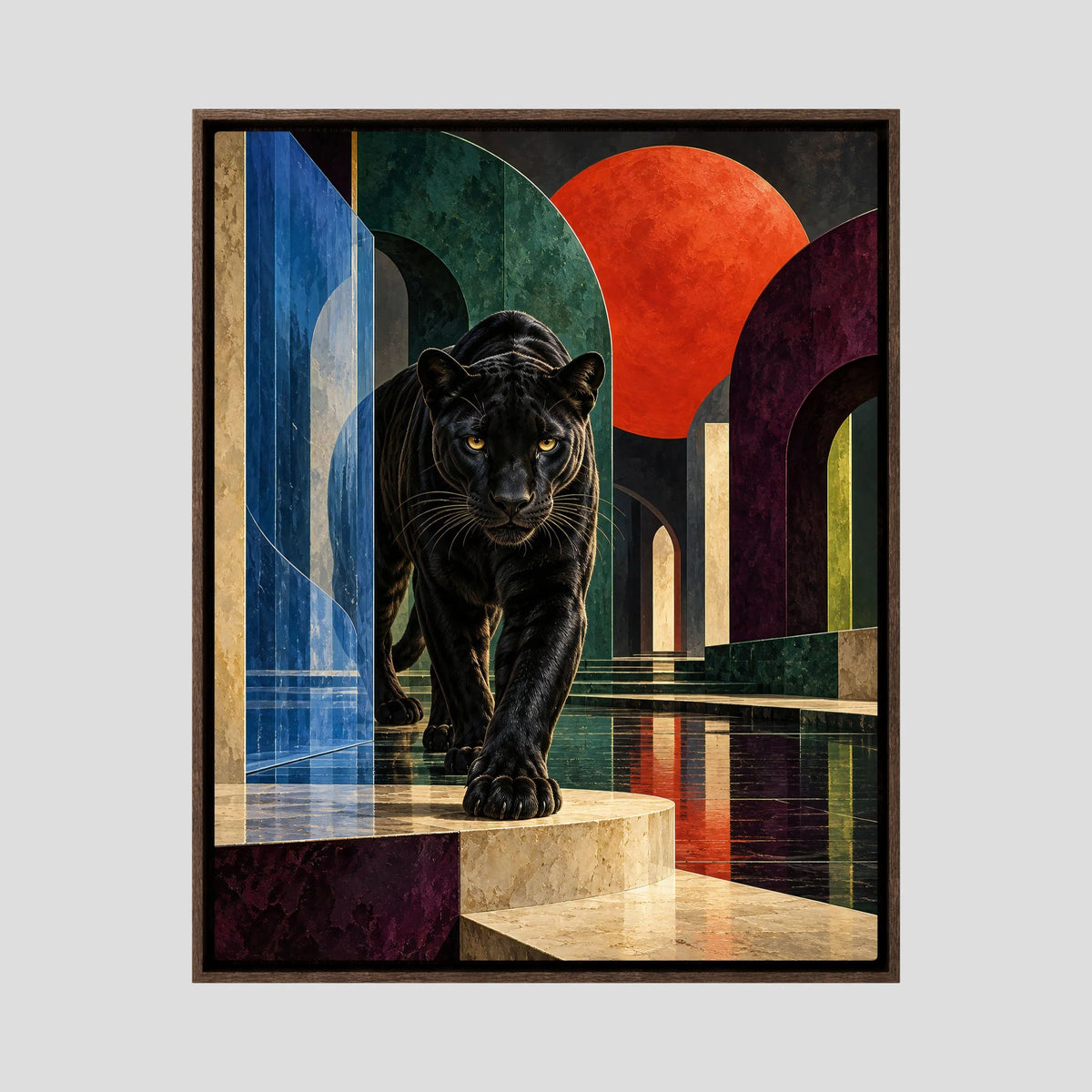 Surreales Panther Leinwandbild mit roter Sonne und monumentaler Architektur im dunklen Eichenrahmen