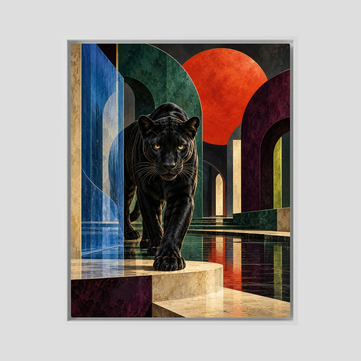Modernes Panther Leinwandbild mit roter Sonne, dunkelgrünen Bögen und spiegelnden Steinflächen im weißen Rahmen