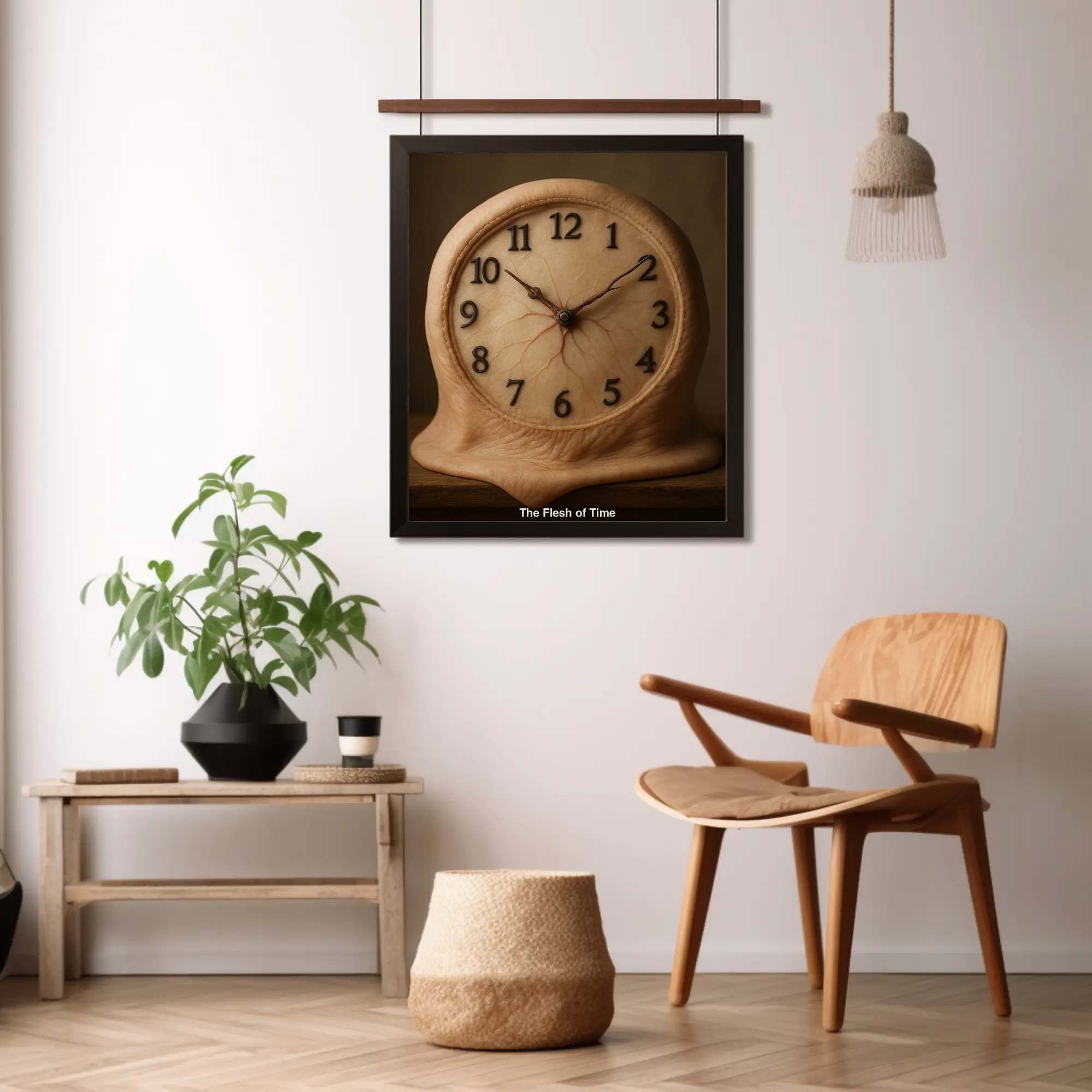 Fine Art Print mit schmelzender Uhr und nostalgischen Sepiatönen in stilvoll eingerichteter Wohnumgebung.