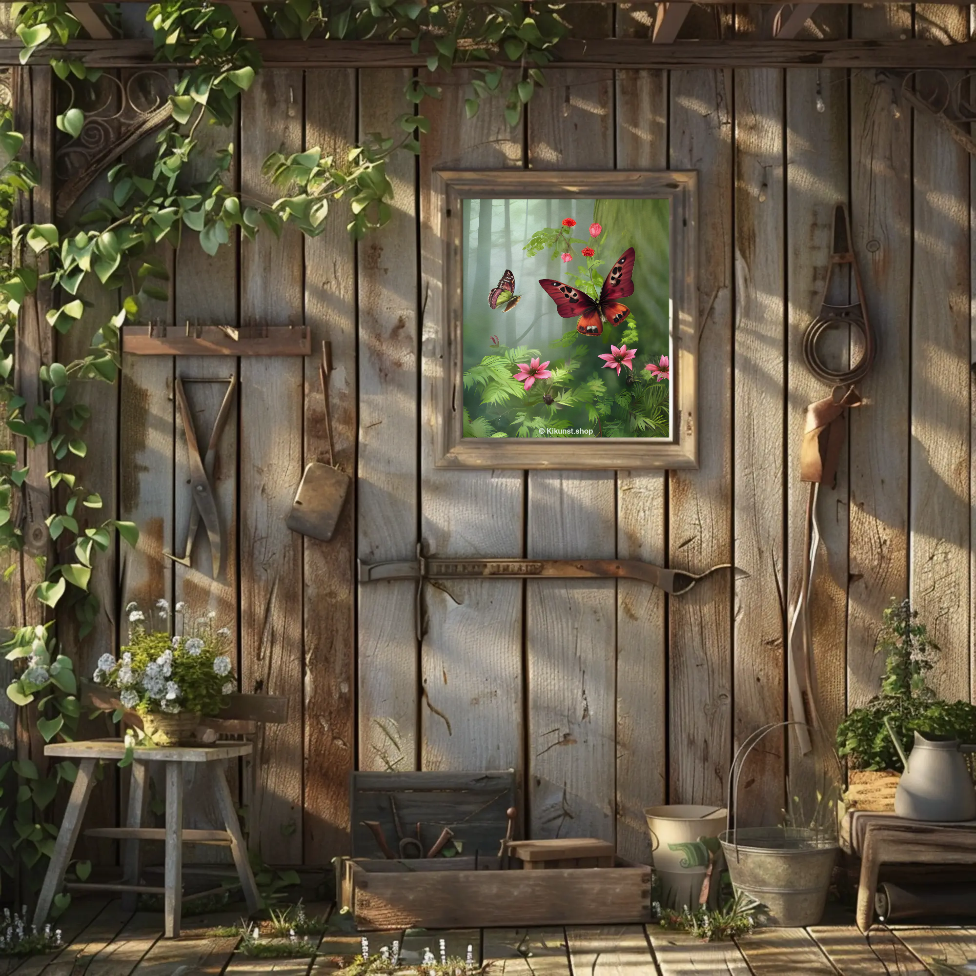Schmetterlinge über Blumen in weichem Grün als beruhigendes Wandbild am Gartenhaus