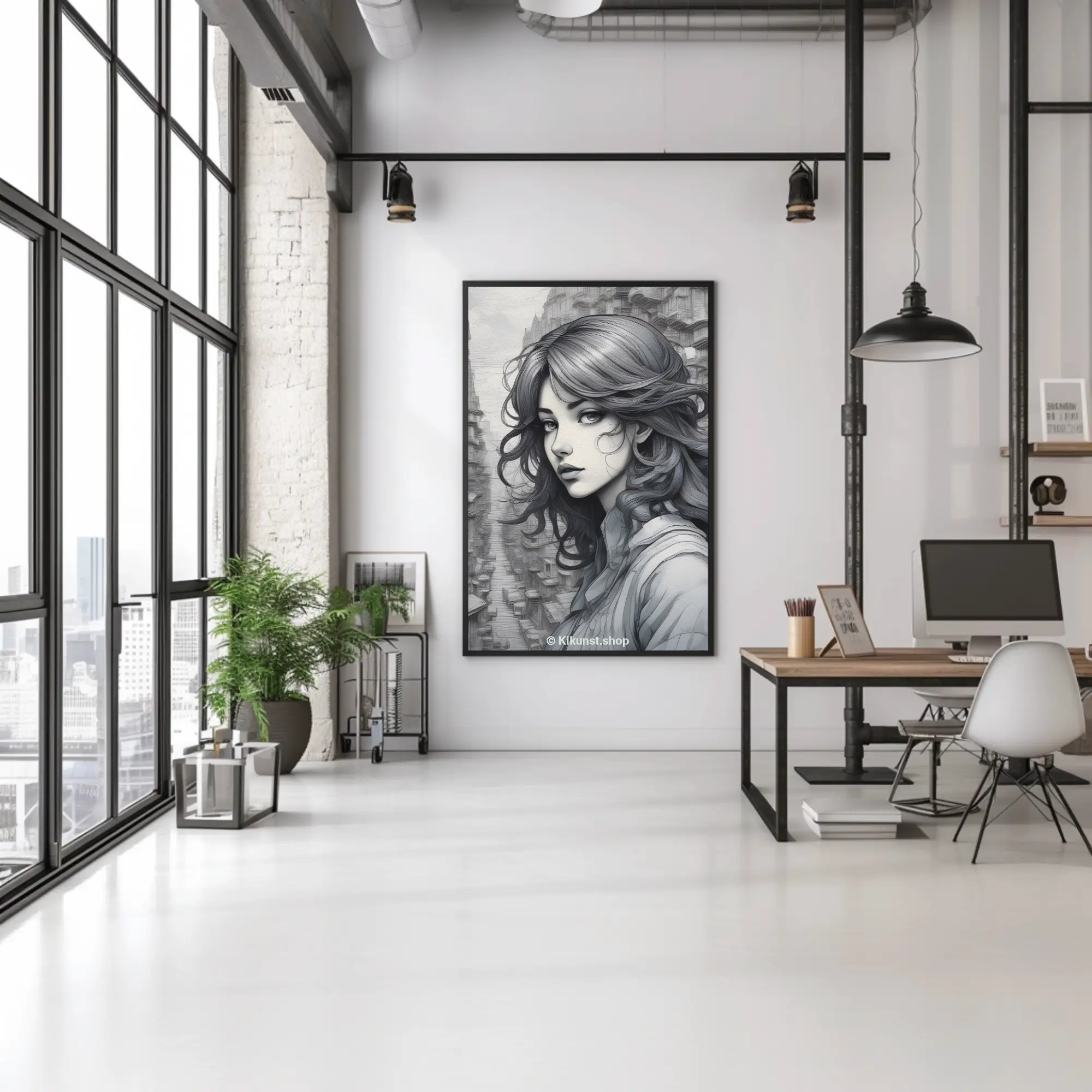 Fine Art Print Schwarz Weiß Porträt an Wand in hellem Büro