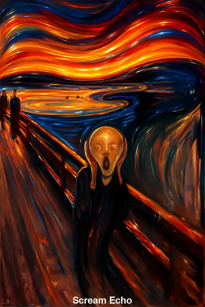 AI Art: Expressionistischer Schrei auf Brücke mit wirbelndem Himmel in leuchtenden Farben – inspiriert von Munch