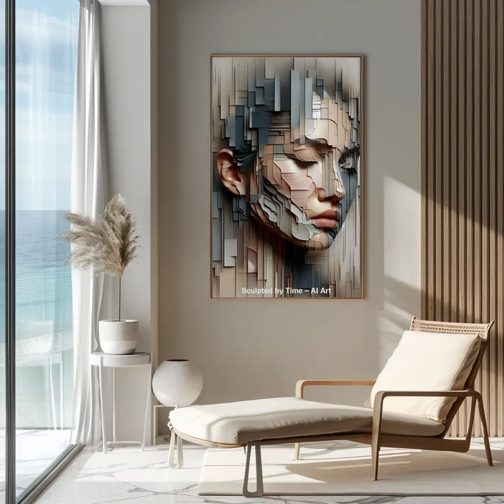 Mockup eines modernen, minimalistischen Wohnraums mit dem AI-Kunstwerk „Sculpted by Time“, das ein geschichtetes Gesicht zeigt