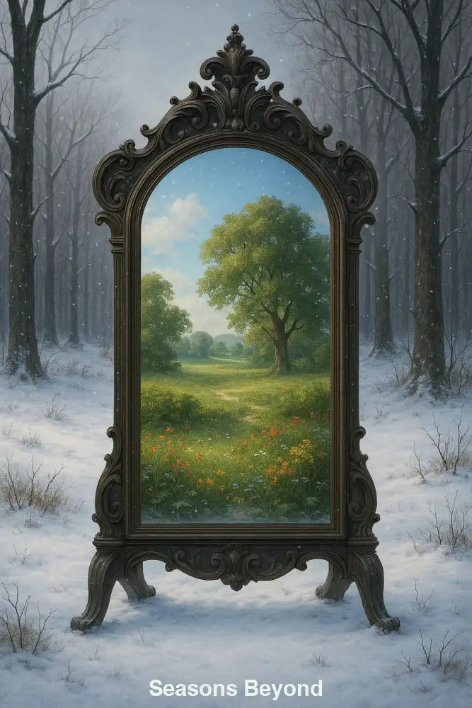 Antiker Spiegel in Winterlandschaft zeigt blühende Frühlingswiese – symbolisches KI-Kunstwerk mit Jahreszeitenkontrast.