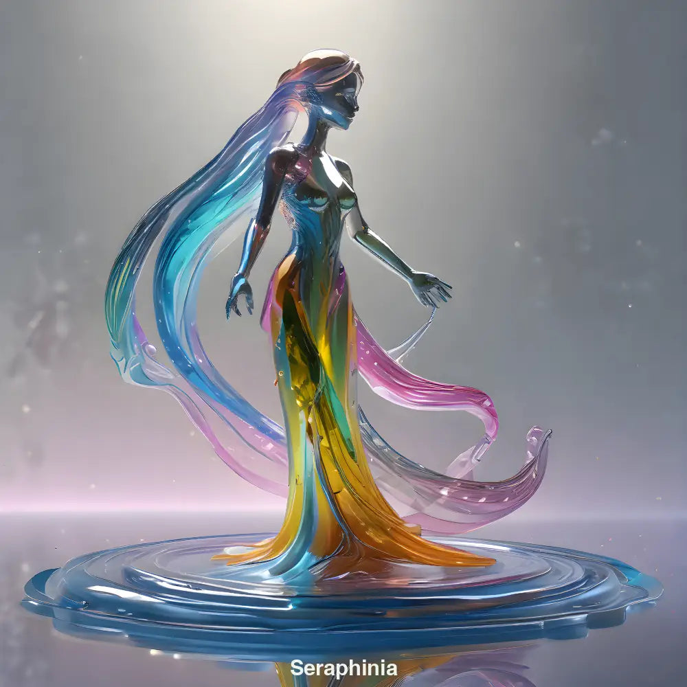 Digitale Figur aus Licht und Farbe, die über einer spiegelnden Fläche schwebt – an Engel oder Muse erinnernd
