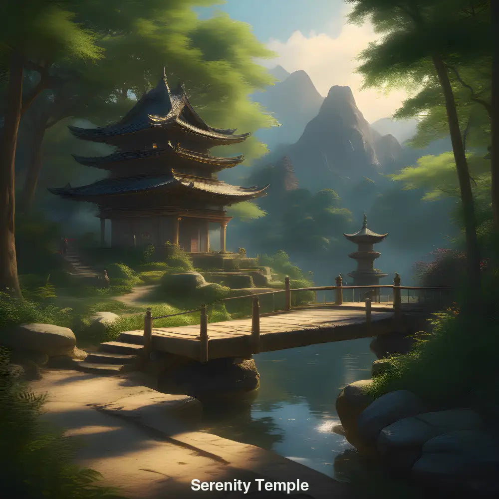 Digitales Kunstwerk eines asiatischen Tempels in harmonischer Natur mit Fluss, Bäumen und sanftem Licht