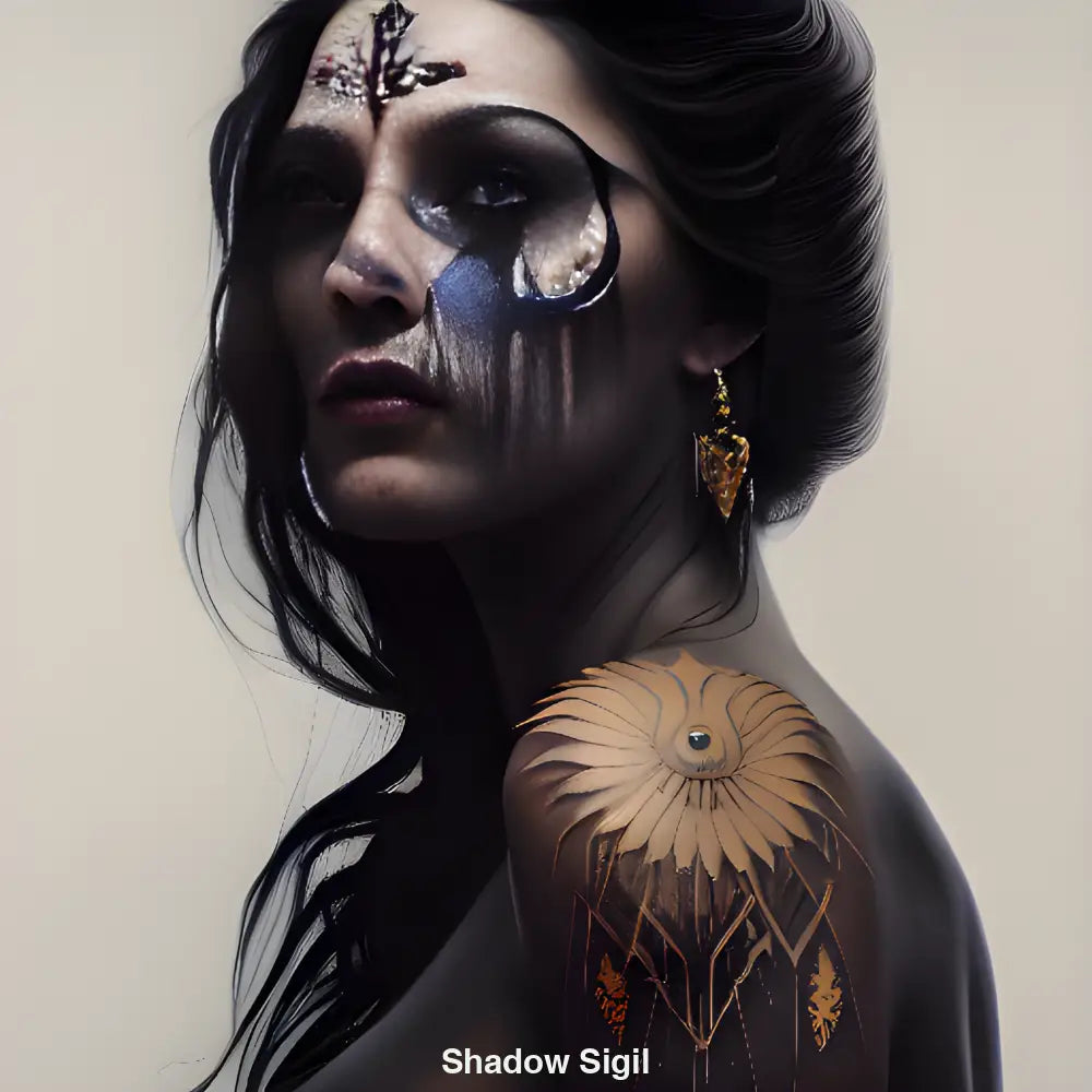 Digitales Porträt einer mystischen Frau mit Symbol-Tattoo, dunklem Haar und goldenen Akzenten auf hellem Hintergrund