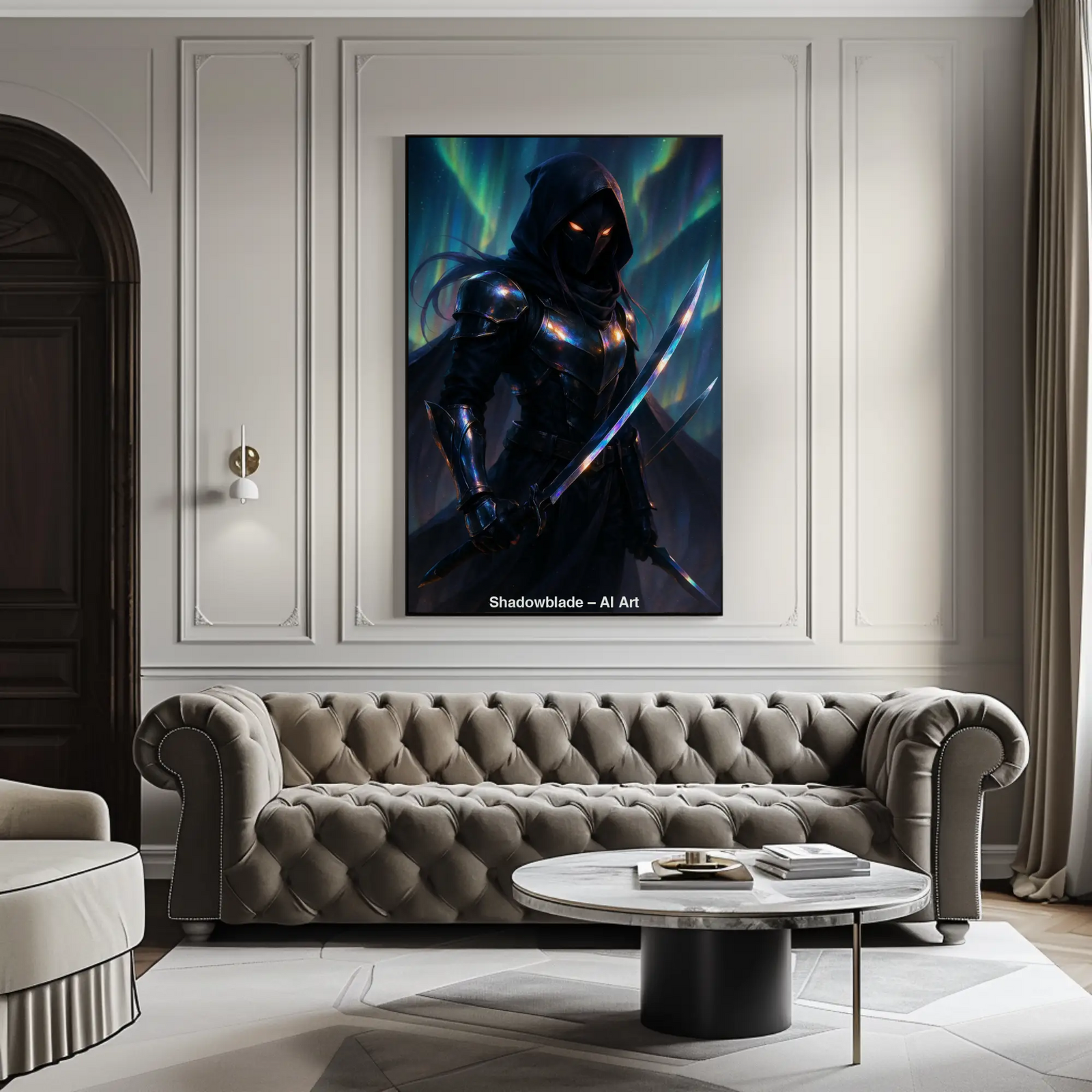 Mockup von Shadowblade – AI Art, dunkler Krieger mit leuchtenden Schwertern unter Polarlichtern, mystisch und kraftvoll.