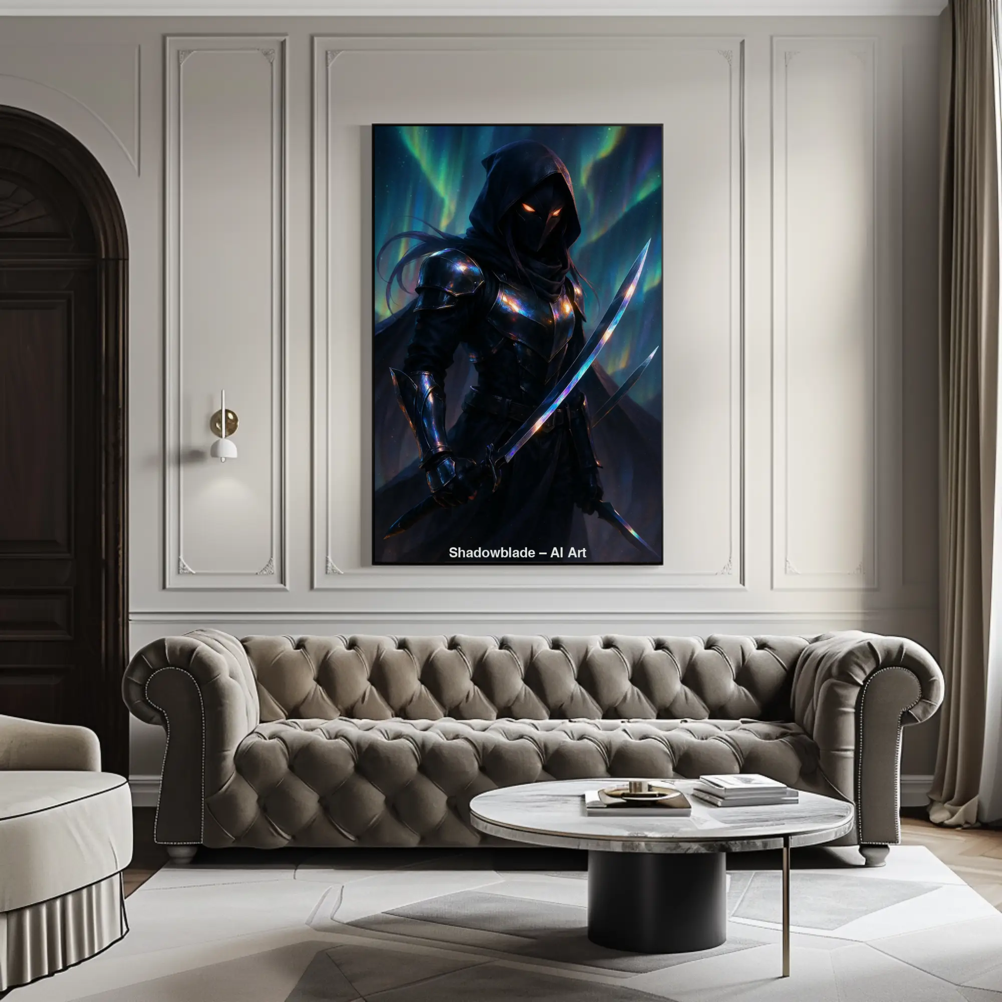 Mockup von Shadowblade – AI Art, dunkler Krieger mit leuchtenden Schwertern unter Polarlichtern, mystisch und kraftvoll.