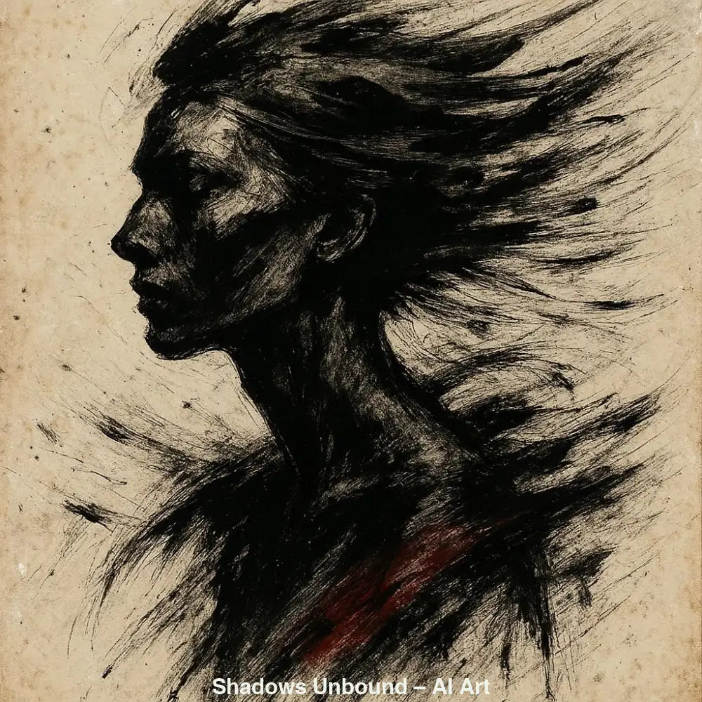 AI-Art-Silhouette einer Frau im Profil, gezeichnet aus dynamischen, schwarzen Pinselstrichen.