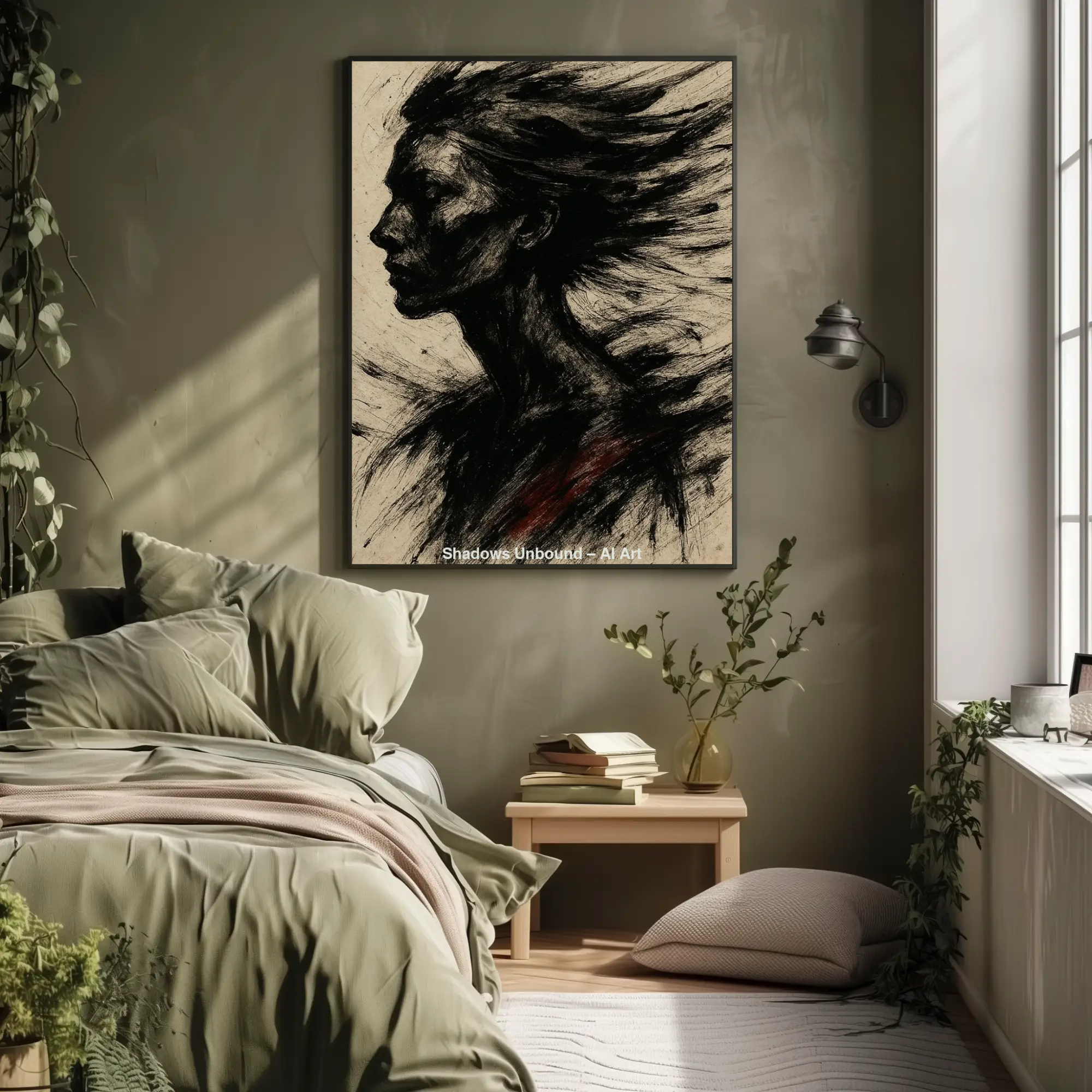 Mockup einer AI-Art-Silhouette einer Frau im Profil, aus dynamischen Pinselstrichen gezeichnet.
