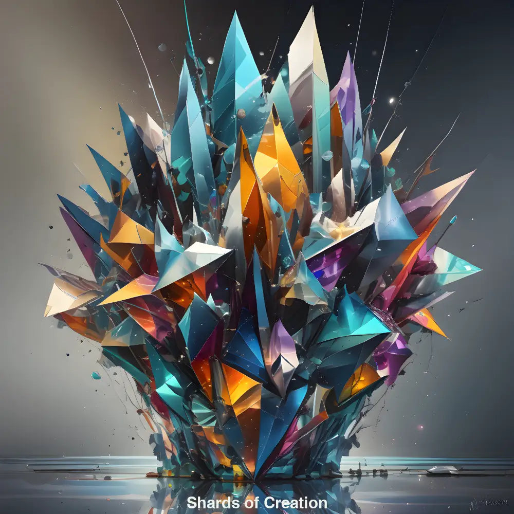 Abstraktes KI-Kunstwerk mit Lichtsplittern, energievoller Explosion und kontrastreicher, kristalliner Farbkomposition