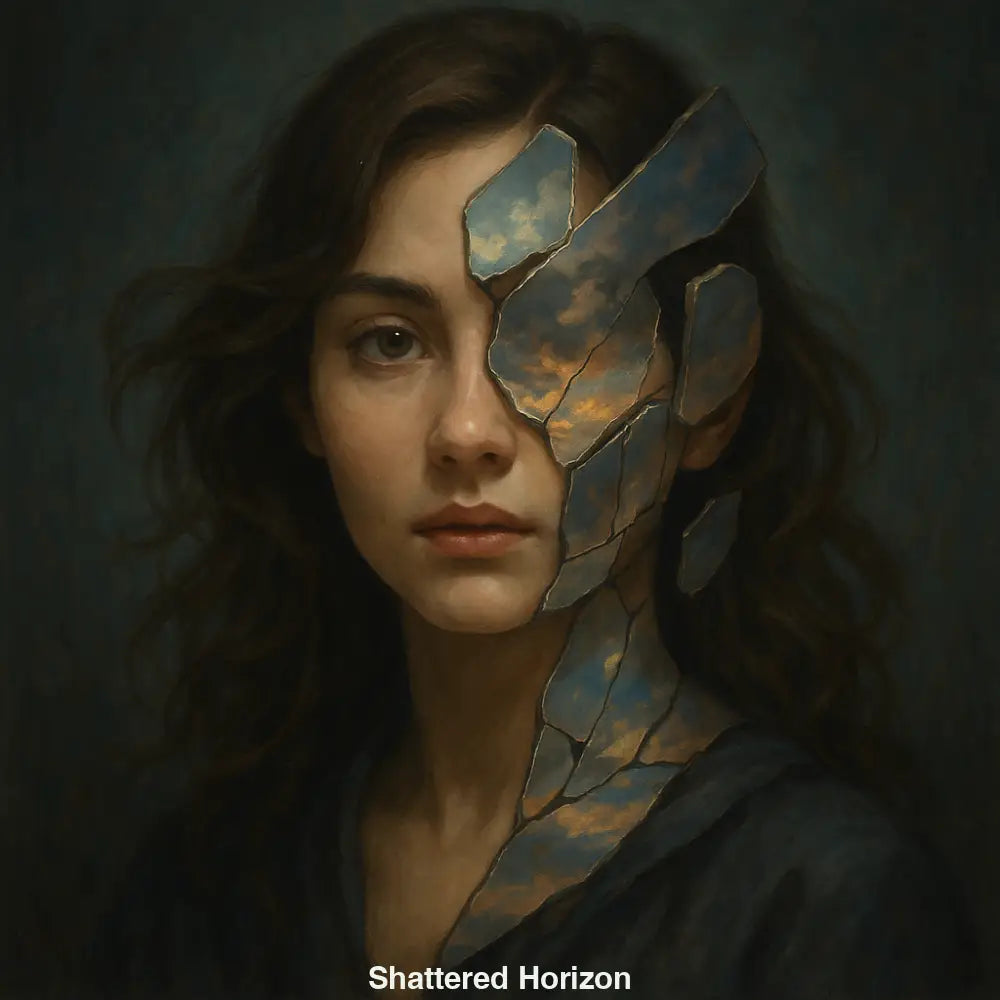 Surreales Porträt einer Frau mit zerbrochener Gesichtshälfte, hinter der sich ein Himmel mit Wolken zeigt – symbolträchtiges KI-Kunstwerk.