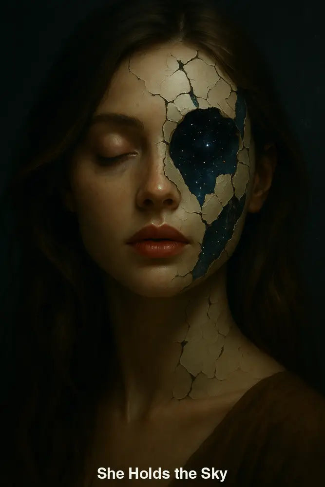Porträt einer Frau mit aufgebrochener Haut und Sternenhimmel im Gesicht – Symbol für inneres Universum, Spiritualität und stille Kraft.
