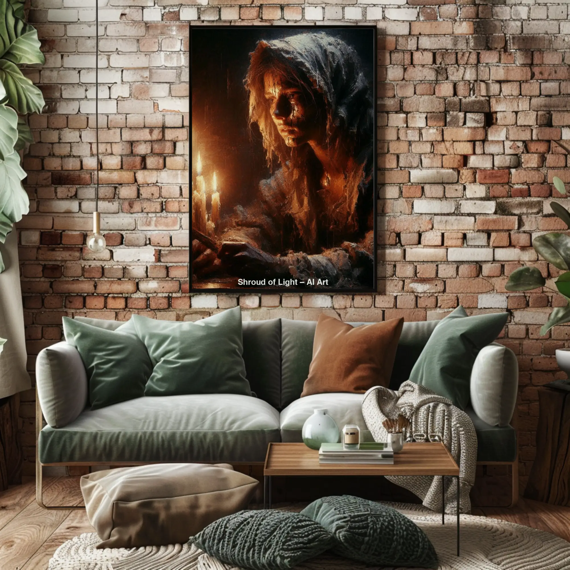 Mockup von Shroud of Light – AI Art, geheimnisvolle Frau im Kerzenschein mit intensiver Licht- und Schattenwirkung.