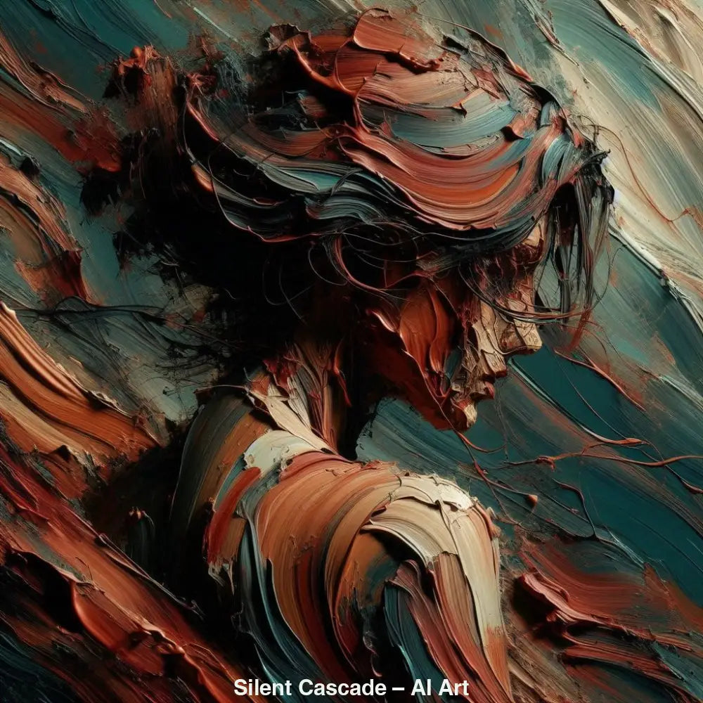 Silent Cascade – AI Art, abstraktes Frauenporträt in warmen Ölfarben mit fließenden, dynamischen Pinselstrichen.