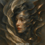 AI-Art-Porträt einer Frau, umhüllt von fließenden goldenen und bronzenen Formen mit sanfter, stiller Eleganz.