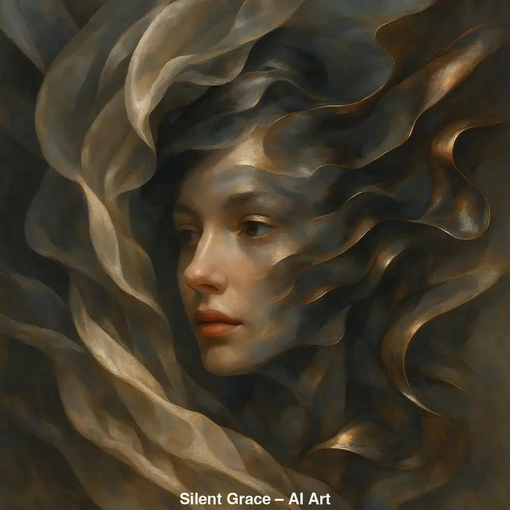AI-Art-Porträt einer Frau, umhüllt von fließenden goldenen und bronzenen Formen mit sanfter, stiller Eleganz.