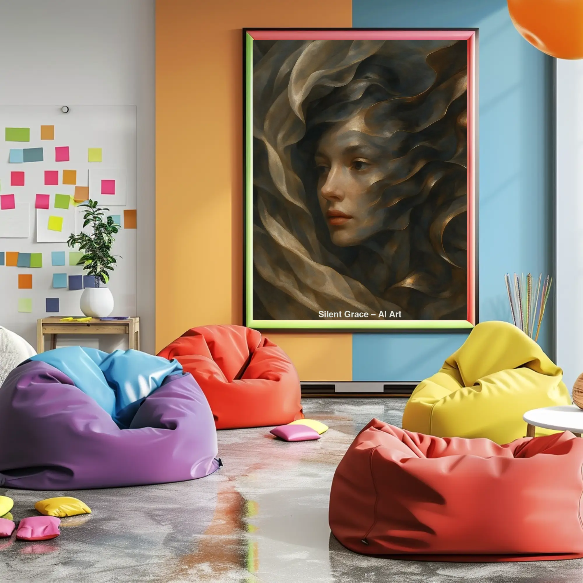 Mockup eines AI-Art-Porträts einer Frau, umhüllt von fließenden goldenen und bronzenen Formen.