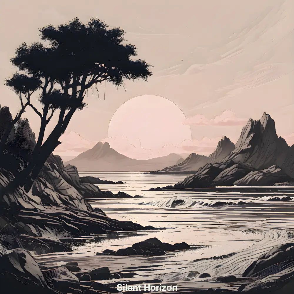 Stimmungsvolle digitale Küstenlandschaft bei Sonnenuntergang mit Baum, Felsen und ruhigem Wasser im sanften Licht