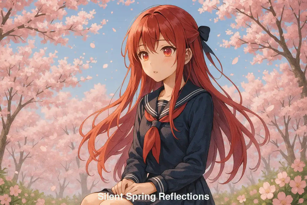 Anime girl with red hair in school uniform sitting under cherry blossom trees, peaceful spring scene in soft light